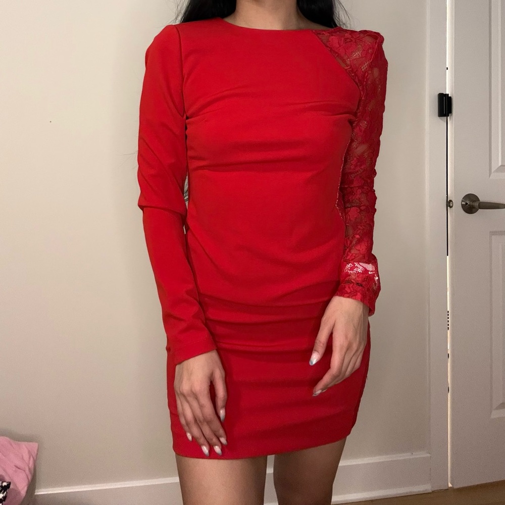 bebe Red Long Sleeve Lace Dress